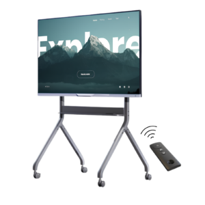 Support TV mobile motorisé P220 avec télécommande pour écran 75 à 90 pouces Vue de face chariot TV motorisé P220 hauteur réglable Télécommande incluse support TV motorisé P220