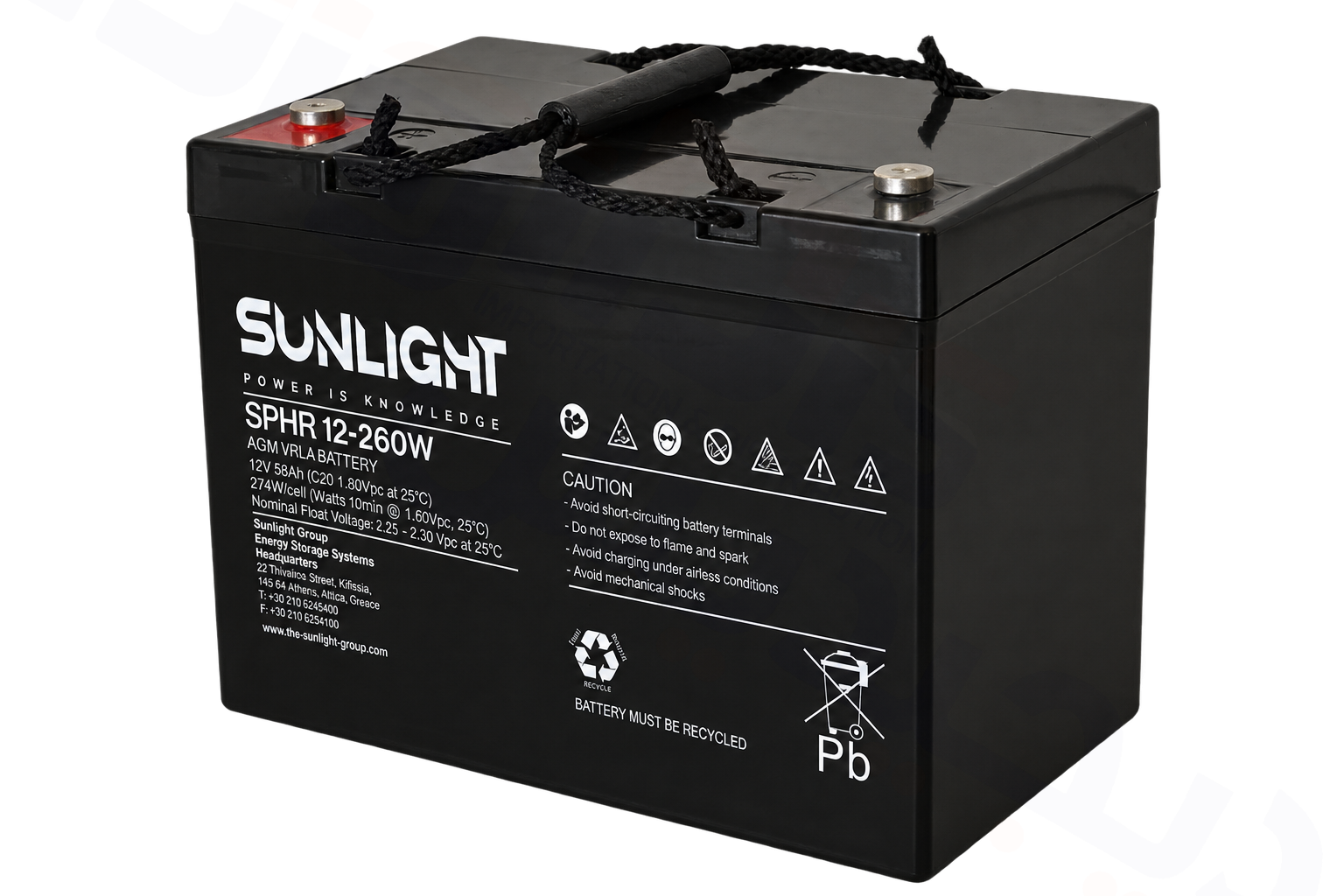 SUNLIGHT SPHR 12-260W AGM VRLA battery front three-quarter view SUNLIGHT SPHR 12 260W AGM VRLA battery front three quarter view